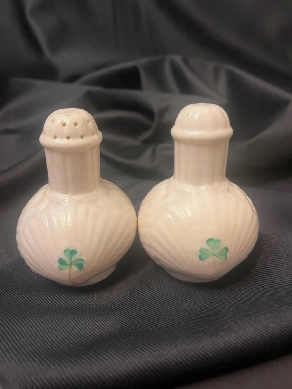 Vintage Salt & Pepper Shakers Set / Harp Shamrock by BELLEEK POTTERY (IRELAND)